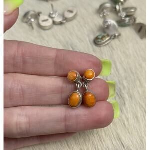 Native American Sterling Silver Orange Spiny Double Stone Dangle Post Earrings